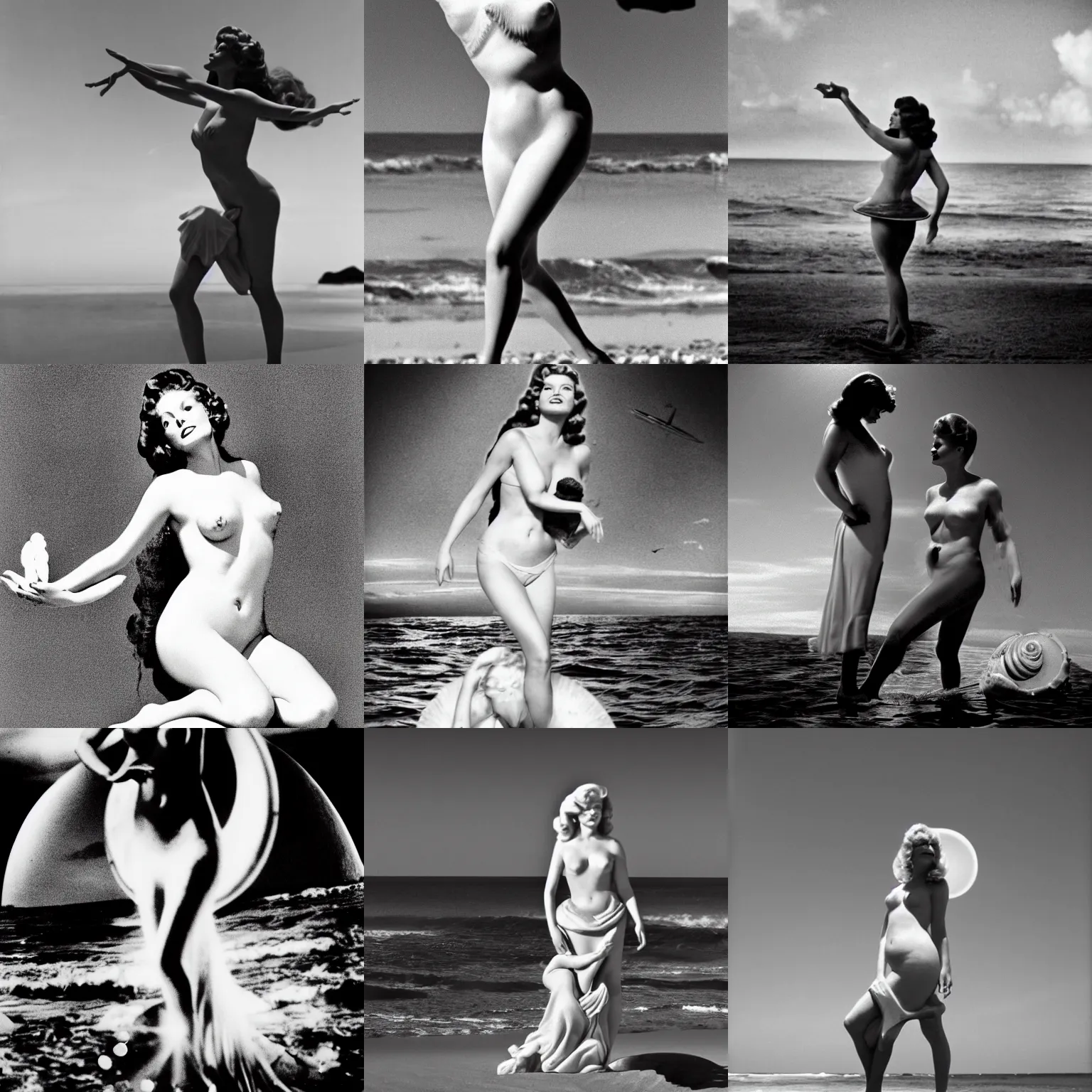 Prompt: Dream sequence in a black and white movie with Rita Hayworth in the style of the Birth of Venus. Rita Hayworth is standing on a shell in from of the sea. Cinematic, 50 mm, highly intricate