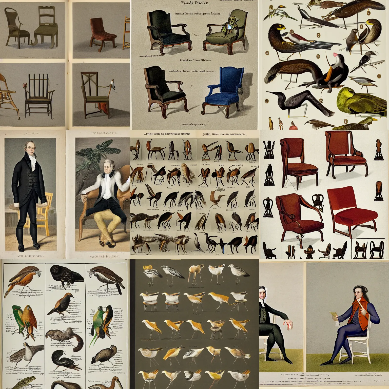 Prompt: field guide for identifying diffrent species of chairs, showing an example of a male and female of each species, by john james audubon