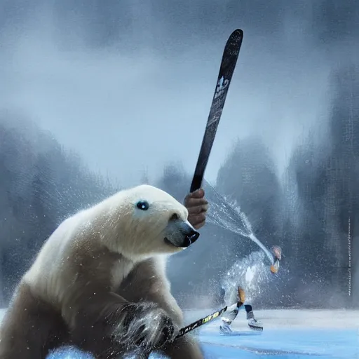 Image similar to polar bear playing hockey at stanley cup, intricate, sharp focus, illustration, highly detailed, digital painting, concept art, matte, art by ruan jia and wlop and greg rutkowski, masterpiece