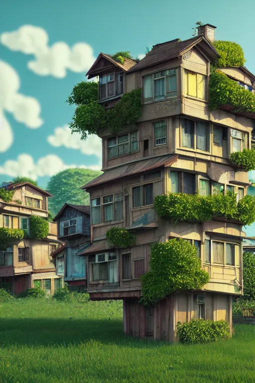 Image similar to stacked houses, solarpunk, studio ghibli, jean - baptiste monge, octane render, 4 k