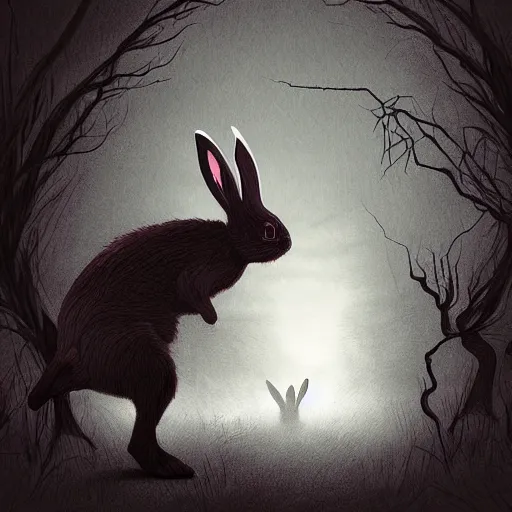 Prompt: rabbit as a monster, digital art style, scary atmosphere, nightmare - like dream