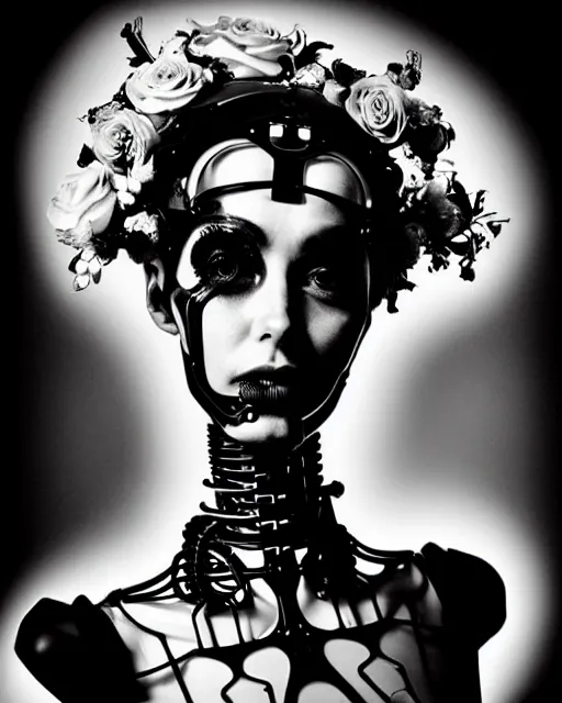 Image similar to dreamy surreal poetic black and white photo of a beautiful young bio-mechanical-female-cyborg-plastic-robot with a very long neck and a super big gothic lace collar and a very high big floral crown with many black dry roses by Vivienne Westwood:: smoke, high fashion, haute couture, rococo, avant-garde, elegant, dreamy, hyper realistic, 150 mm lens, soft rim light, octane render, unreal engine, picture was taken in 1910 by Dora Maar, volumetric lighting, dramatic light,8k,