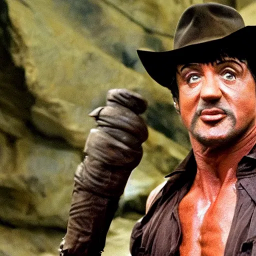 Image similar to sylvester stallone as indiana jones, running in a cave full of traps