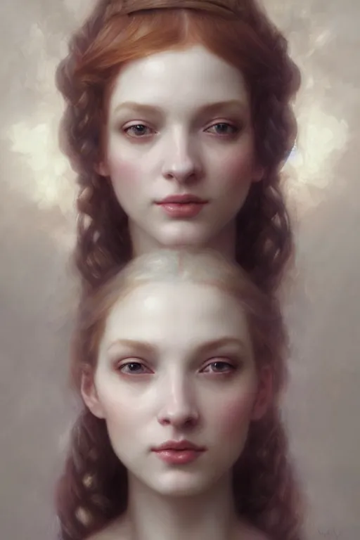 Prompt: Portrait of beautiful pale maiden who looks like christina hendricks with golden strands braided into her hair, digital art by Ruan Jia and Mandy Jurgens and Artgerm and william-adolphe bouguereau, highly detailed, trending on artstation, award winning,