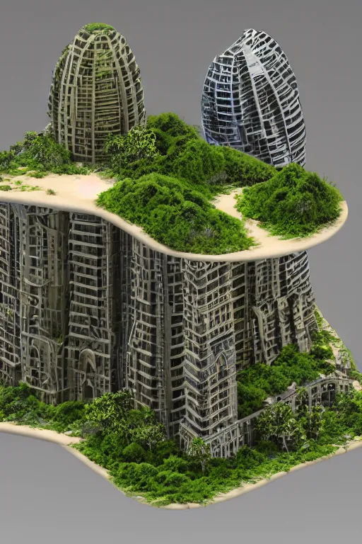 Image similar to 3 d printed physical model organic including more than one city into one vertical building model that sits on a table in a room with a view back with a golden rim details in the base, multiple stories, transparent, with vegetation, colorful, eye - level view, looking straigh ahead, 8 0 k, octane render, highly detailed 3 d render,