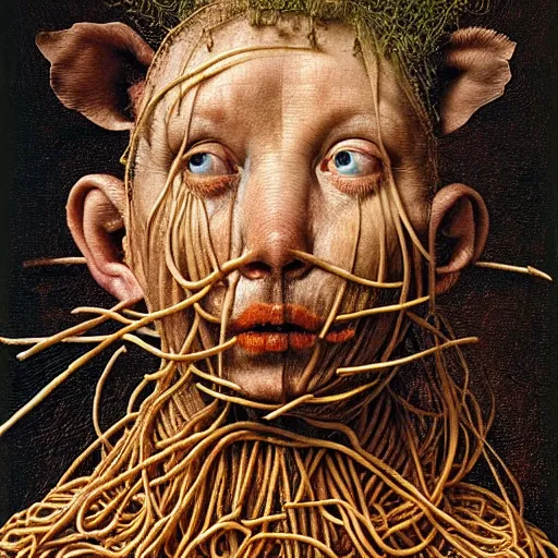 Image similar to half boy half rhino made of spaghetti, by giuseppe arcimboldo and ambrosius benson, renaissance, intricate and wet oil paint, a touch of beksinski, realistic