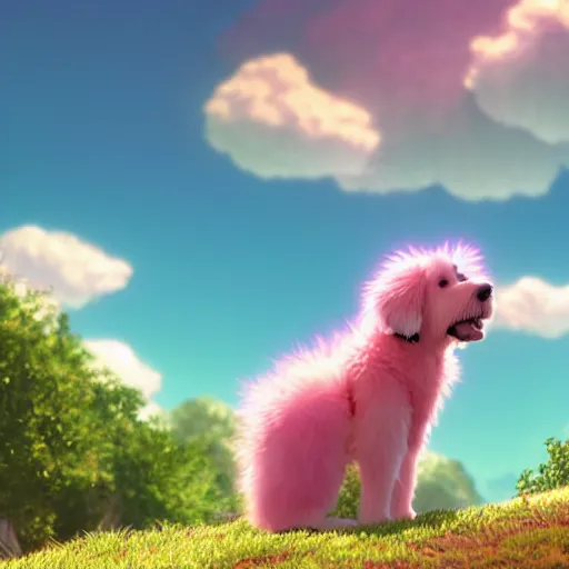 Image similar to ! dream! dream a wholesome animation key shot of a bernedoodle on a hill, fluffy pink anime clouds, studio ghibli, pixar animation, sharp, rendered in unreal engine 5, anime key art, bloom, dramatic lighting