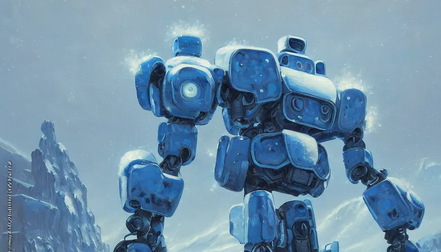 Image similar to an intricate oil painting of a giant pristine icey blue metal anime humanoid mecha with rounded components by simon stalenhag, icey tundra background