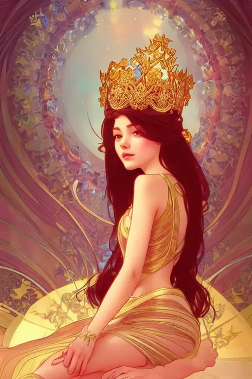 Prompt: A beautiful princess sitting on a throne, highly detailed, digital painting, artstation, concept art, smooth, sharp focus, illustration, art by artgerm and alphonse mucha, high definition digital art, in the style of Ross tran and ilya kuvshinov