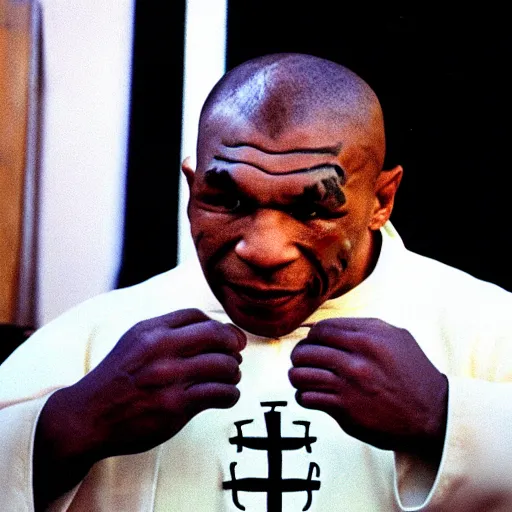 Image similar to Mike Tyson as a catholic priest praying over his congregation