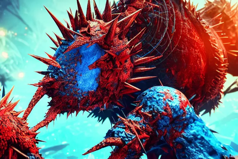 Prompt: a virus infects his host with spikes, macro, micro, nano tubes, molecular, blue and red colors, bokeh, hypermaximalistic, high details, cinematic, 8k resolution, beautiful detailed, insanely intricate details, artstation trending, octane render, unreal engine