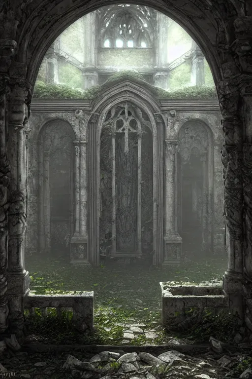 Image similar to the ruins of the crypt in the cemetery, intricate, ethereal, by luis royo, hyper detailed, weta digital, ray trace, unreal engine, trending on artist, beautifully lit, cinematic, soft light, photorealistic, volumetric, realistic, glossy, 8 k post - production, masterpiece, luxury, smooth