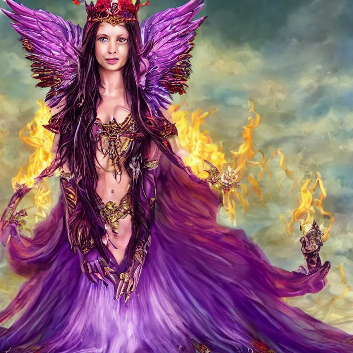 Image similar to Princess sorceress with red flaming bird wings on her back and sitting on an ornate throne dressed in a fancy long purple dress, beautiful hyper realistic face with a Slight smile and open eyes, Fantasy, Half Body Portrait, High detail, hyper realistic, planeswalker