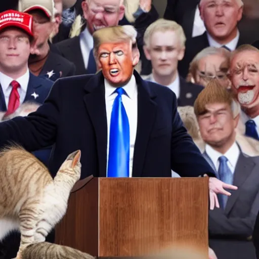 Image similar to president donald trump giving a speech to all the people of america but everyones a cat