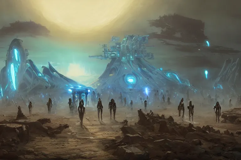 Image similar to ancient alien portral, a crowd of androids walking a path, pilgrimage, in mad max style, stargate, coriolios rpg art style, full of details, dark sci - fi, cold blue colors, matte painting, artstation, 8 k, hyperrealistic, style of peter mohrbacher