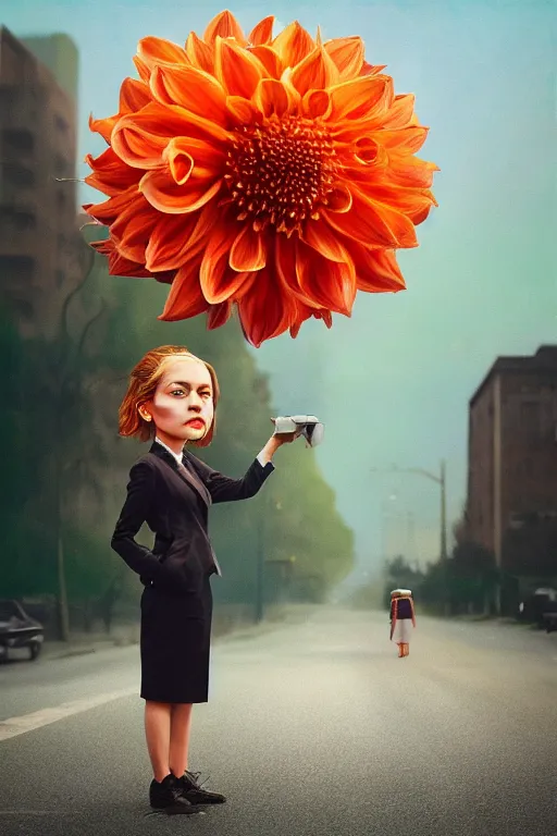 Prompt: closeup giant dahlia flower head, girl in a suit, standing in street, surreal photography, sunrise, dramatic light, impressionist painting, digital painting, artstation, simon stalenhag