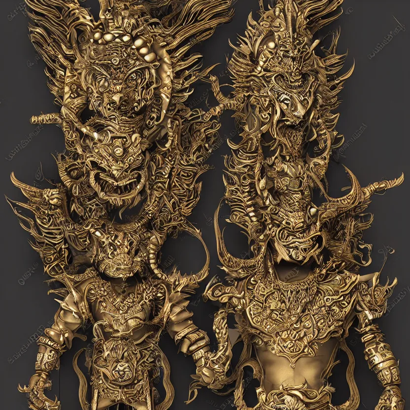 Prompt: highly detailed 3 d art depicting barong, the balinese demon in a retrofuturistic style. reflective metal, detailed textures, smooth lighting. dark background.