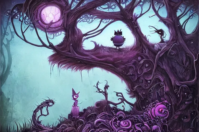 Image similar to Alice meets the Cheshire Cat in the forest, biomechanoid, sci-fi, dramatic, art style Megan Duncanson and Benjamin Lacombe, super details, dark dull colors, ornate background, mysterious, eerie, sinister