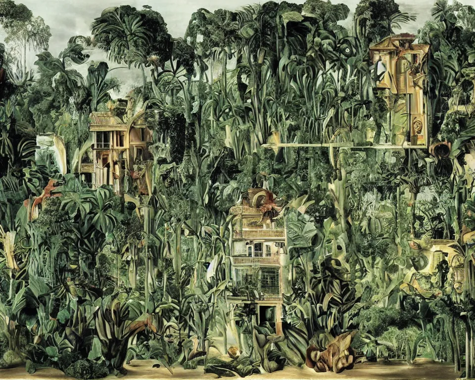 Image similar to repeating colonial mansions, overgrown with tropical foligage, by Salvador Dali and Jan Siberechts.