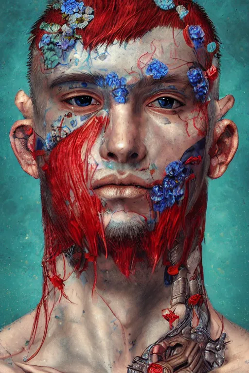 Image similar to portrait of beautiful young man, warhammer, japanic style, cyberpunk, a lot of scars, more and more flowers, blue head, sun side, some red water, the middle ages, highly detailed, artstation, illustration, art by gustav klimt, 8 k quality