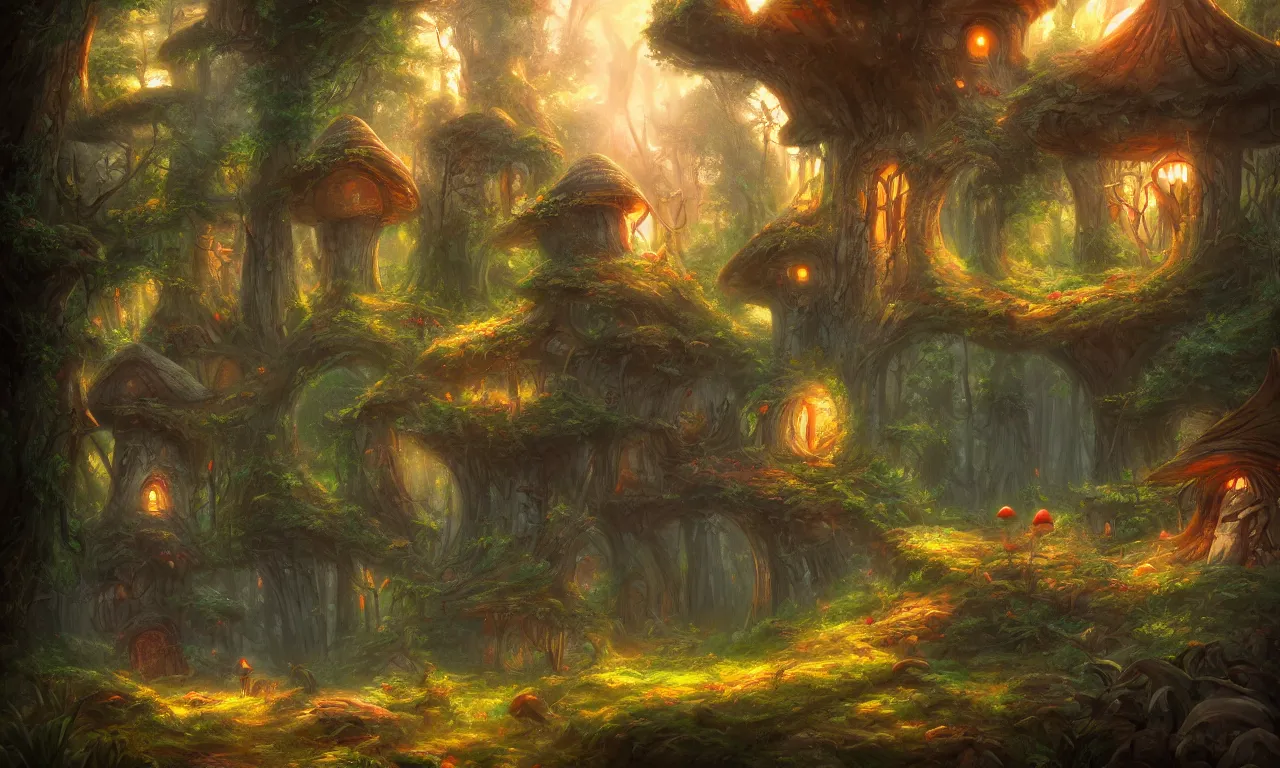 Prompt: Fabulous magic mushroom house in the forest, trending on artstation, 30mm, by Noah Bradley