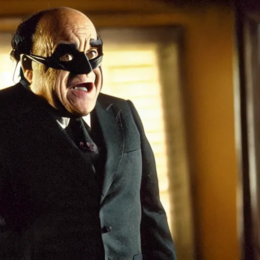 Image similar to Movie still of Danny Devito playing the role of Batman in the movie the batman