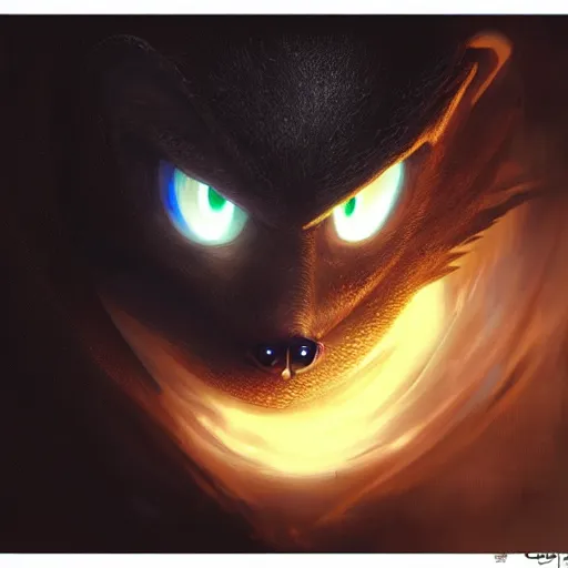 Image similar to portrait of sonic the hedgehog in a black cloak, glowing eyes, detailed face, highly detailed, cinematic lighting, digital art painting by greg rutkowski.