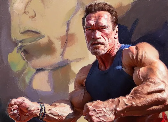 Prompt: a highly detailed beautiful portrait of arnold schwarzenegger, by gregory manchess, james gurney, james jean