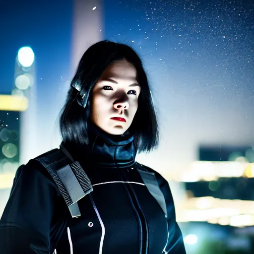 Image similar to photographic portrait of a techwear woman holding a shotgun, holding shotgun down, closeup, on the rooftop of a futuristic city at night, sigma 85mm f/1.4, 4k, depth of field, high resolution, full color, award winning photography, inspired by Kill Bill, inspired by John Wick, inspired by Die Hard, movies with guns, movie firearms