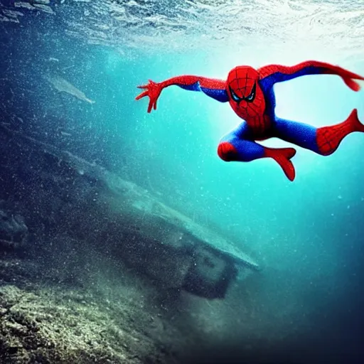 Image similar to underwater shoot photo of Spiderman , high detail , perfect photo