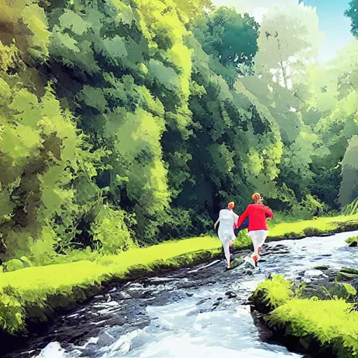 Prompt: couple running in white clothes beside a river. steep riverbank. happy summer days.. centered median photoshop filter cutout vector behance artgem hd jesper ejsing!