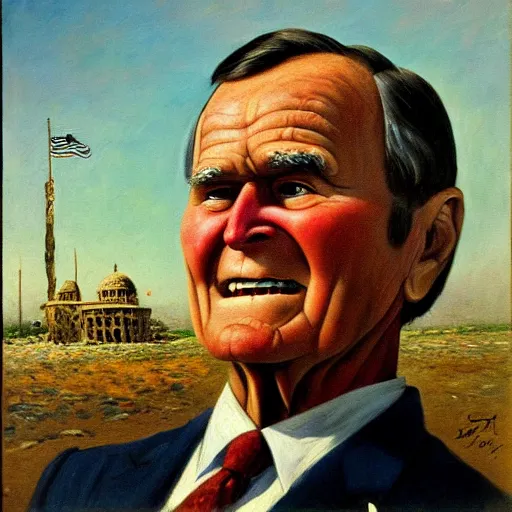 Image similar to Giant George H.W. Bush terrorizes Iraq, oil on canvas, 1883