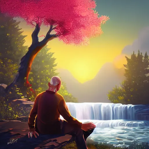 Image similar to featured on artstation walter white sitting under a cherry tree overlooking valley waterfall sunset beautiful image stylized digital art