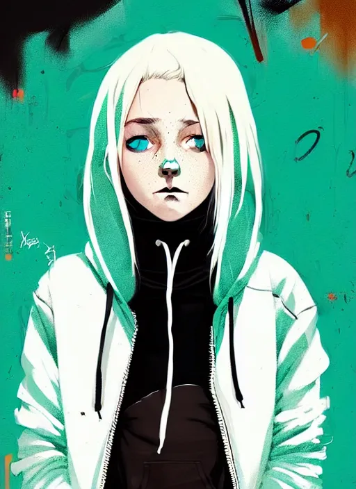 Image similar to highly detailed portrait of a urban punk lady student, blue eyes, hoodie, white hair by atey ghailan, by greg rutkowski, by greg tocchini, by james gilleard, by joe fenton, by kaethe butcher, gradient green, black, brown and teal color scheme, grunge aesthetic!!! ( ( graffiti tag wall background ) )