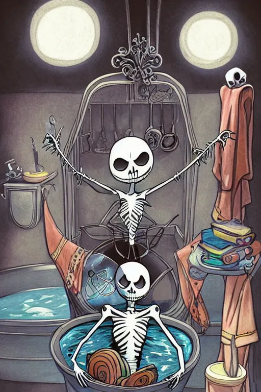 Prompt: illustration for a story that reads : in a tub made of bone, jack skellington is knownto take very good careof his hygiene and hair., colorful, fantasy, pixar, childrens book illustration, sharp high detail, manga and anime ( 6 )