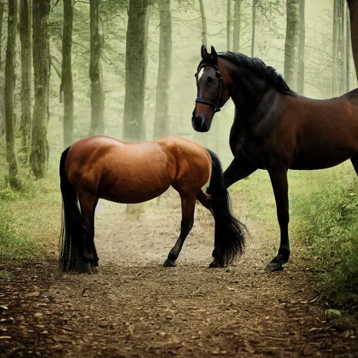 Image similar to two horses lying on the woods path, having arrows on their body, photo, 8 k