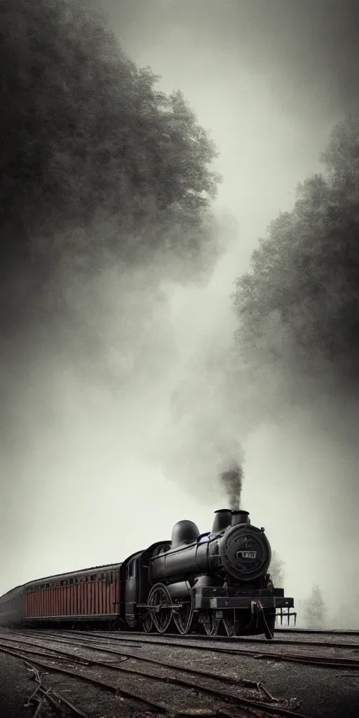 Image similar to an old steam train, steam, a lot of steam, steam, bridge by Aron Wiesenfeld and beksincki, cinematic, detailed illustration, nature, fog, dark colors, suspense, intricate, 8k