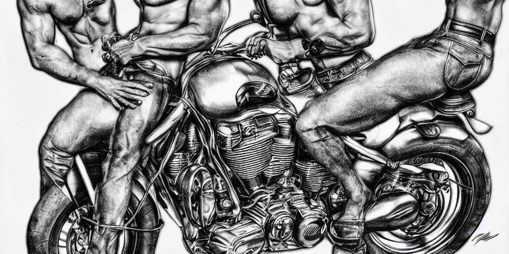 Prompt: men and motorcycles, detailed physique pictorial high quality pencil and ink drawing by tom of finland