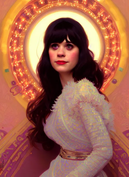 Prompt: portrait of zooey deschanel!, intricate, elegant, glowing lights, highly detailed, digital painting, artstation, glamor pose, concept art, smooth, sharp focus, illustration, art by wlop, alphonse mucha and craig mullins
