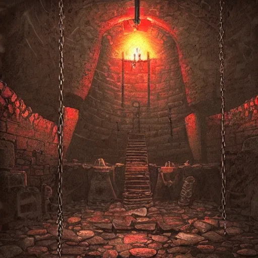 Image similar to art of a dark and desolate stone dungeon with red tattered tapestry, chains dangling from the ceiling, lit by medieval wall torches, grim and gritty, style of dark souls, high contrast, moody