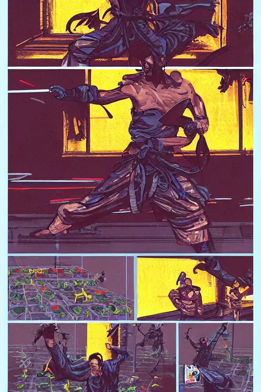 Image similar to Cybernetic Taoist martial-artist practicing qi-gong, chi-gong, kung-fu upon a city rooftop dojo with bonsai trees decorating the place. Dynamic, delirious, creative panel style by Bill Sienkiewicz. Heavy chromatic abberation. Visual distortion. Sci-Fi cyberpunk Comic page made up of art by the best artists Trending on Artstation. Octane render, Raytracing, 3d masterpiece, fantastic lighting by James Gurney. Noir detective genre.