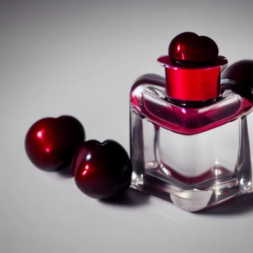 Prompt: perfume bottle surrounded by dark red cherries, softly - lit, realistic, up close shot, white background, zen, light, modern minimalist f 2 0