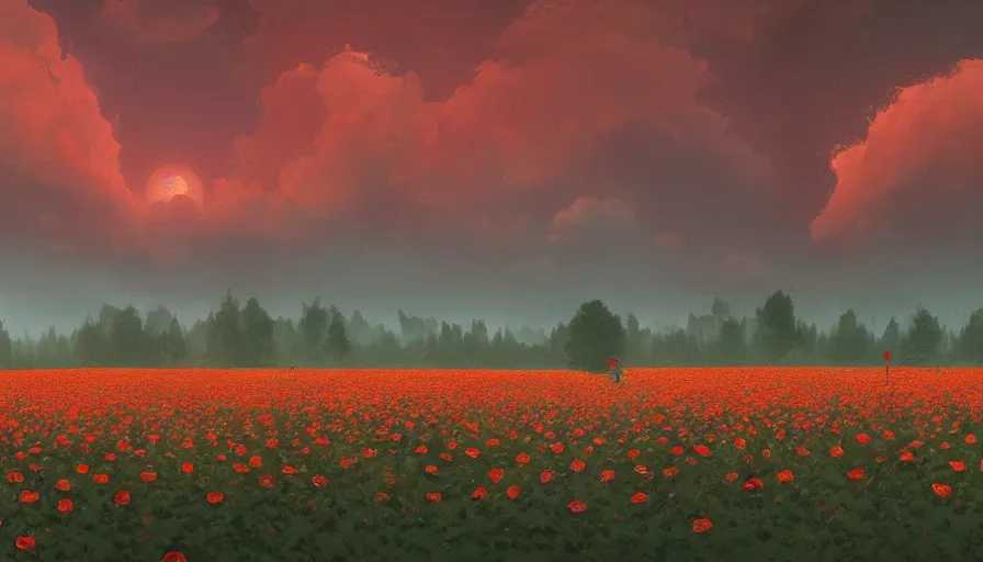 Prompt: field full of red roses, matte painting, art station, orange stormy sky, simon stalenhag