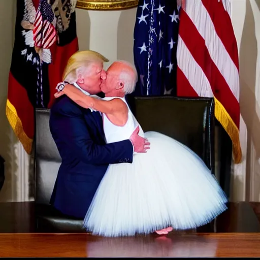 Image similar to Donald trump wearing a tutu kissing Joe Biden, realistic, 4k, Washington DC