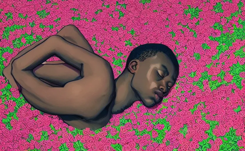 Image similar to african boy lying down in a colourful garden - wrapped in flower vines, art by james jean & hsiao - ron cheng, colourful, sharp, detailed, digital painting, illustration, intricate detail, pinterest, behance, art station,