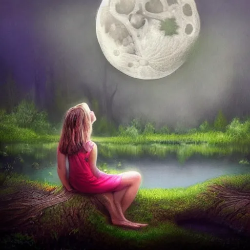 Prompt: highly realistic painting of a towering misty dark fantasy forest surrounding a pond, a girl sits on the roots of an ancient tree looking up at the moon, spooky fog, fantasy painting hd