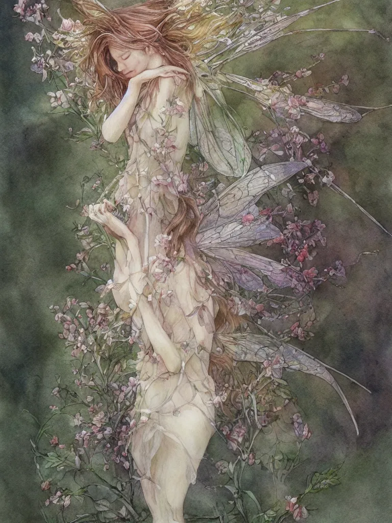 Image similar to study of a flower fairy, illustration, watercolor, alan lee, detailed, pretty, ethereal, realistic, artstation