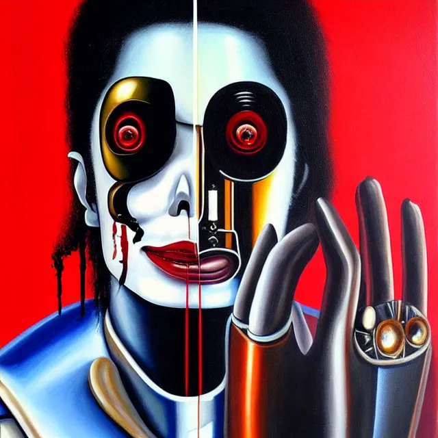 Image similar to a beautiful painting cyberpunk robot michael jackson bloody face, by salvador dali realistic oil painting