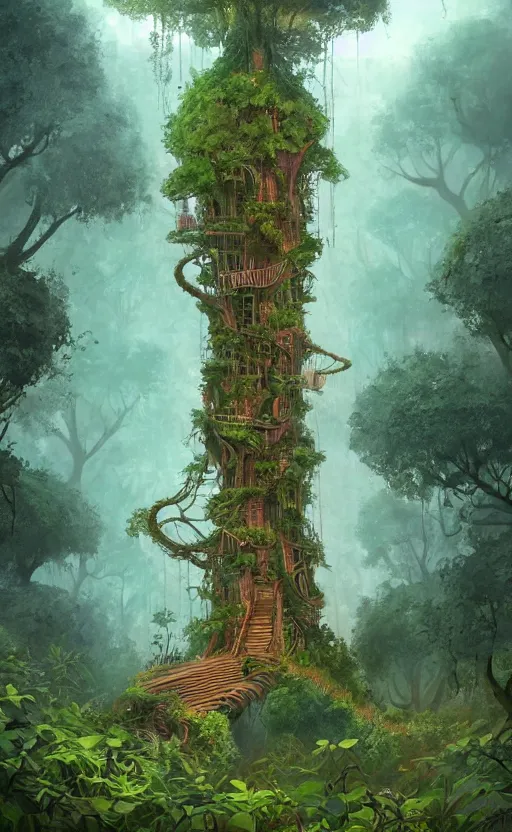 Image similar to a very tall tree with lots of plants growing on it, giant redwood treehouse, concept art by gediminas pranckevicius, cgsociety contest winner, fantasy art, dystopian art, made of vines, artstation hd