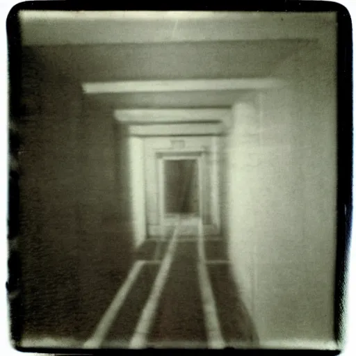 Image similar to a terrifying monster at the end of a hallway, dark!, creepy, nightmare fuel!!!, bones, horror, horrifying, unsettling, uncanny valley!, old polaroid, expired film,